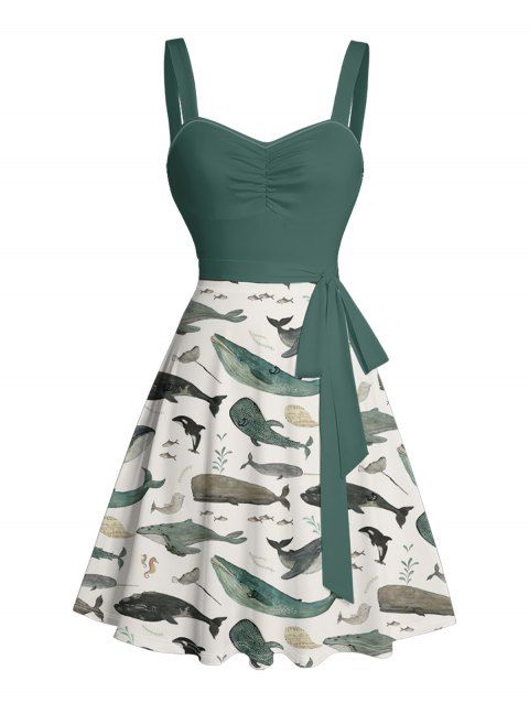 Mini Robe de Vacances Ligne A Motif Contrasté à Volants en Couleur Contrastée