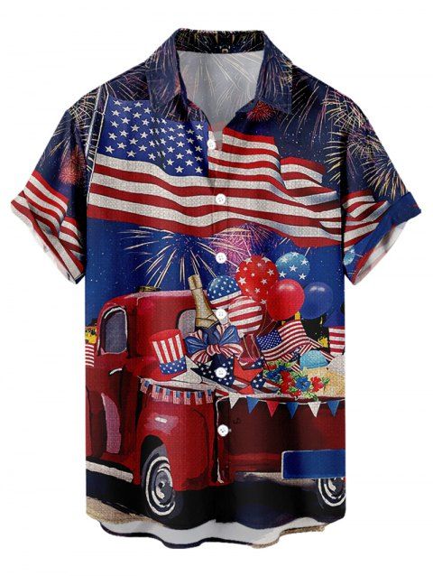 Chemise Boutonnée Drapeau Américain Etoile Eclaboussée à Manches Courtes pour Homme