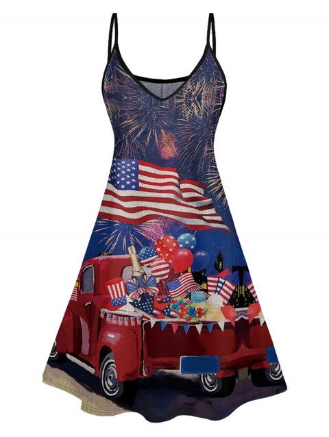 Mini Robe Ligne A à Bretelle Fine Drapeau Américain Motif de Feu D'Artifice Imprimée