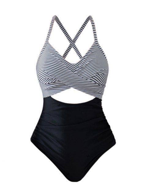 Maillot de Bain de Plage à Bretelle Réglable Croisé Motif de Rayure et de Nœud Papillon Une-Pièce