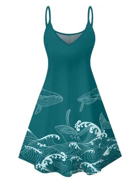Mini Robe de Plage Ligne A à Bretelle Fine Motif de Dauphin D'Océan
