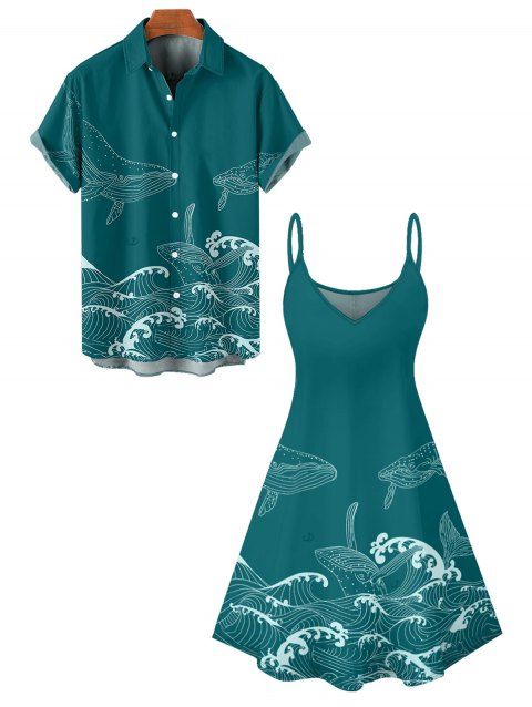 Vacation Couple Outfit Dolphin Wave Ocean Elements Pattern Spaghetti Strap V Neck A Line Mini Tank Dress and Roll Up Sleeve Shirt Beach Matching Outfit