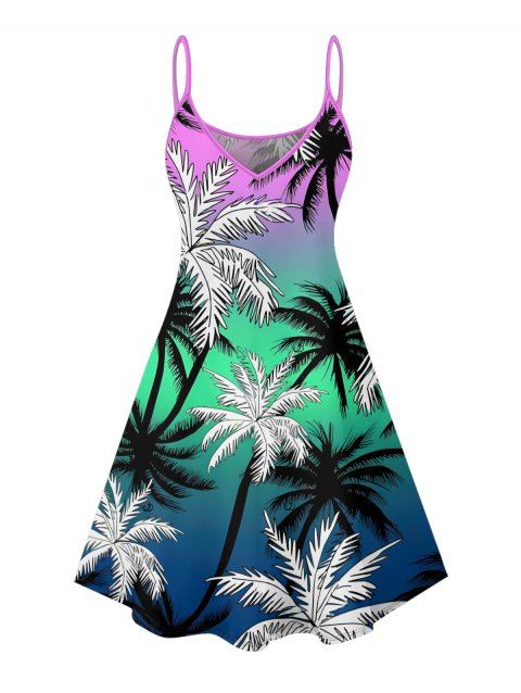 Mini Robe de Plage Ligne A Ombrée Motif de Palmier à Bretelle Fine