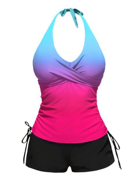 Maillot de Bain Tankini Ombré Croisé à Taille Elastique à Col Halter Deux Pièces