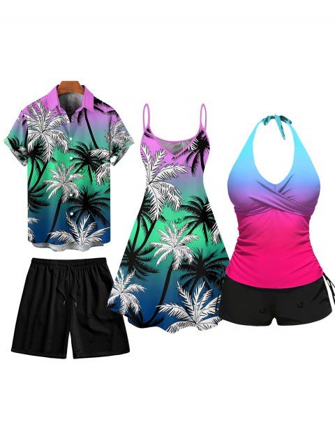 Beach Couple Outfit Ombre Palm Tree Print Dress Ombre Cinched Tankini Set and Roll Up Sleeve Shirt Drawstrings Shorts Matching Outfit