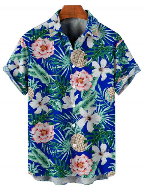 Chemise de Vacances Boutonnée Motif de Feuille Tropicale à Manches Roulées