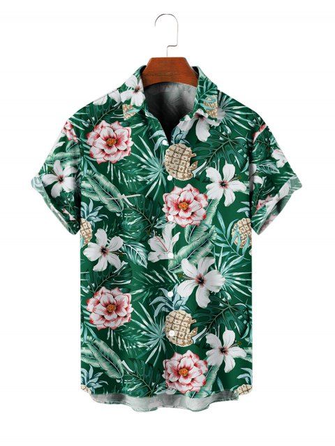 Chemise de Vacances Boutonnée Motif de Feuille Tropicale à Manches Roulées