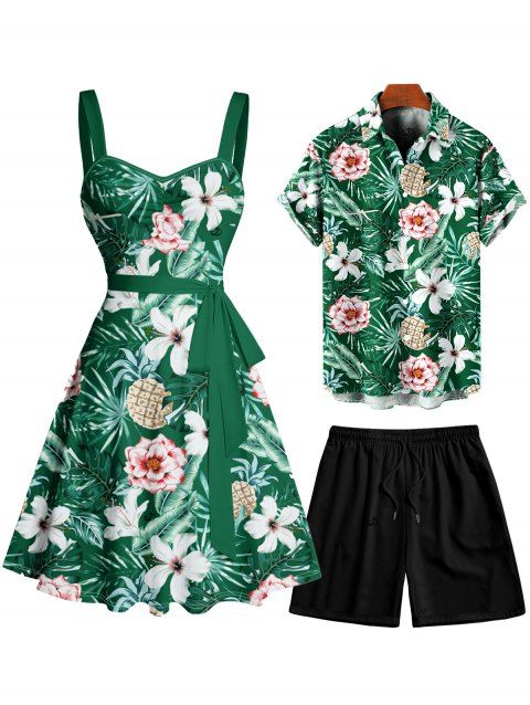 Vacation Couple Outfit Allover Tropical Leaf Flower Pattern Ruched Bust Belt Dress and Roll Up Sleeve Shirt Drawstrings Shorts Matching Outfit