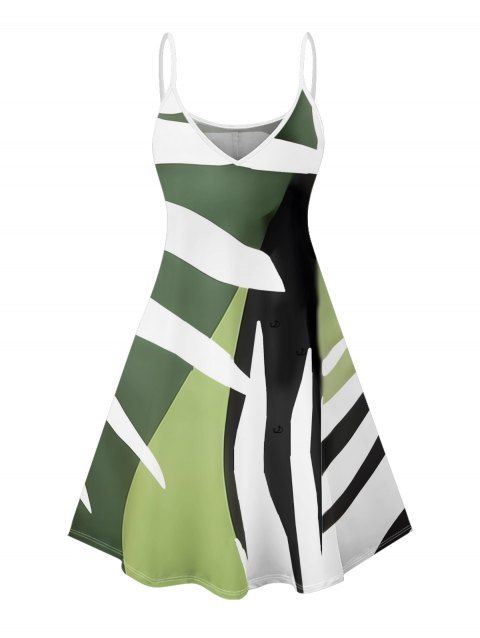 Mini Robe Décontractée Ligne A à Bretelle Fine Motif Géométrique en Blocs de Couleurs à Col V