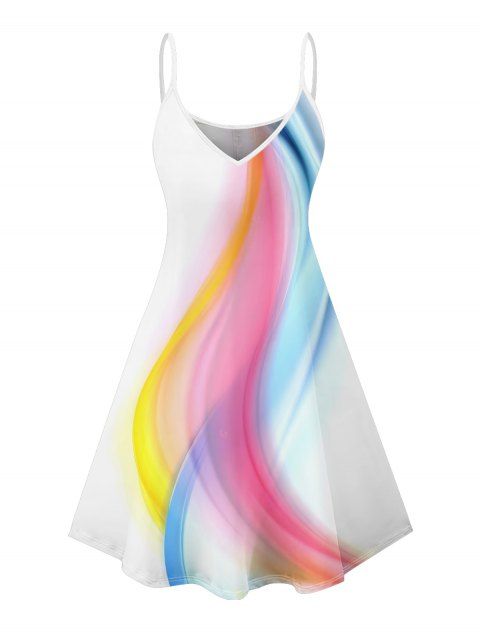Mini Robe de Vacances Ligne A à Bretelle Fine en Couleur D'Arc-en-ciel à Col V