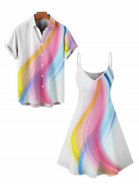 Casual Couple Outfit Rainbow Color Spaghetti Strap V Neck A Line Mini Tank Dress and Roll Up Sleeve Shirt Vacation Matching Outfit