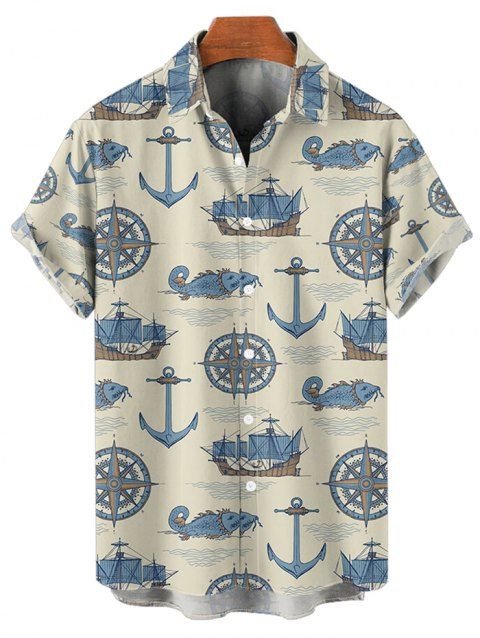 Chemise de Plage Manches Courtes et Montant Motif Ancre pour Vacances à la Plage