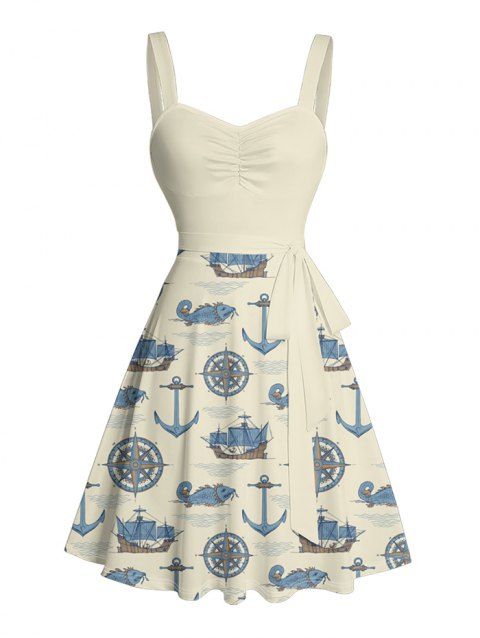 Mini Robe de Vacances Plissée Au Poitrine Motif D'Ancre sans Manches