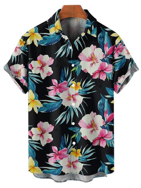 Chemise de Vacances Fleur Feuille D'Hibiscus Boutonnée à Manches Courtes