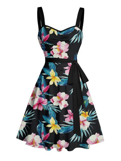 Mini Robe Ligne A Motif de Feuille Fleur Au Poitrine à Volants