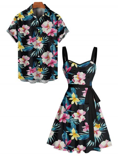 Vacation Couple Outfit Allover Hibiscus Flower Leaf Pattern Ruched Bust Sweetheart Neck Belt A Line Mini Dress and Roll Up Sleeve Shirt Matching Outfit