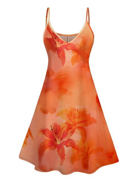 Ombre Hibiscus Floral Print Vacation Dress Spaghetti Strap V Neck A Line Mini Tank Dress