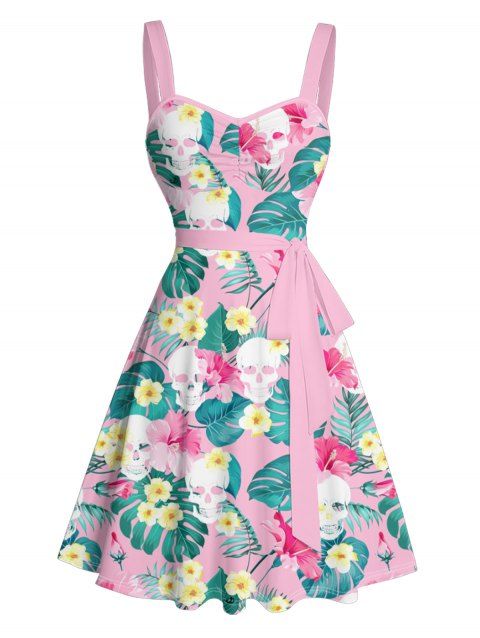 Allover Flower Leaf Skulls Pattern Vacation Dress Ruched Bust Sweetheart Neck Belt A Line Mini Casual Dress