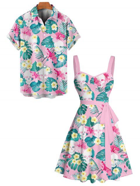 Vacation Couple Outfit Allover Flower Leaf Skulls Pattern Ruched Bust Sweetheart Neck Belt A Line Mini Dress and Roll Up Sleeve Shirt Matching Outfit