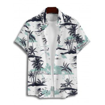 Men's Coconut Tree Printed Vacation Shirt Roll Up Short Sleeve Button Up Beach Shirt