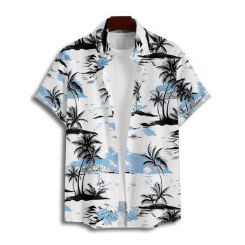 Vacation Couple Outfit Coconut Tree Printed Colorblock Ruched Bust Sweetheart Neck Belt A Line Mini Dress and Roll Up Sleeve Shirt Beach Matching Outfit