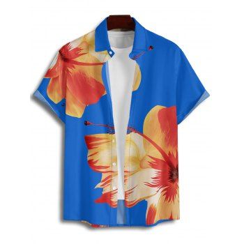 Vacation Couple Outfit Tropical Floral Pattern Spaghetti Strap Pocket A Line Dress and Roll Up Sleeve Shirt Matching Outfit