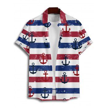 Men's Striped Anchor Pattern Vacation Shirt Roll Up Short Sleeve Button Up Casual Shirt