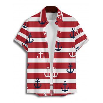 Vacation Couple Outfit Striped Anchor Pattern Spaghetti Strap V Neck A Line Mini Tank Dress and Roll Up Sleeve Shirt Matching Outfit