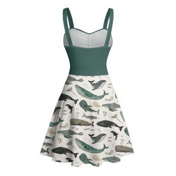 Contrast Color Fish Ocean Elements Pattern Vacation Dress Ruched Bust Sweetheart Neck Belt A Line Mini Dress