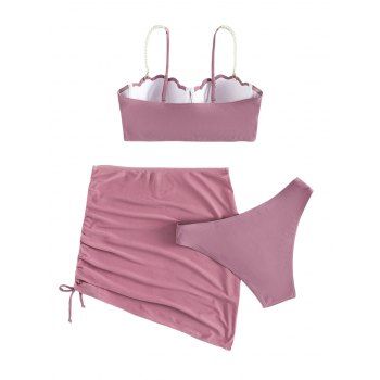 Three Piece Swimsuit Solid Color Scalloped Faux Pearl Push Up Underwire Swim Top and High Cut Briefs See Thru Cinched Skirt Beach Swimwear