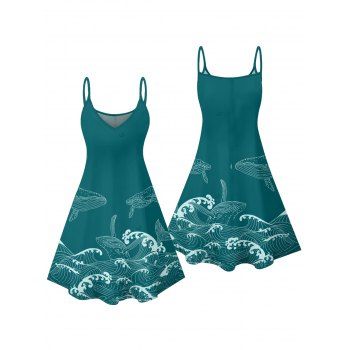 Dolphin Wave Ocean Elements Pattern Vacation Dress Spaghetti Strap V Neck A Line Mini Beach Tank Dress