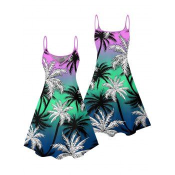 Ombre Palm Tree Pattern Vacation Dress Spaghetti Strap V Neck A Line Mini Beach Tank Dress