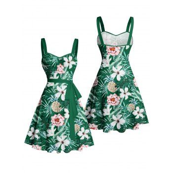 Allover Tropical Leaf Flower Pattern Beach Dress Ruched Bust Sweetheart Neck Belt A Line Mini Vacation Dress