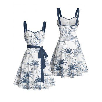 Coconut Tree Printed Casual Dress Ruched Bust Sweetheart Neck Belt A Line Mini Vacation Dress