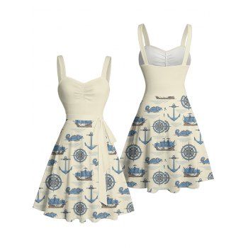 Anchor Steer Ocean Elements Pattern Vacation Dress Ruched Bust Sweetheart Neck Belt A Line Mini Dress