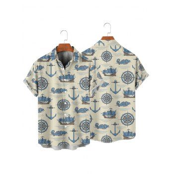Vacation Couple Outfit Anchor Steer Ocean Elements Pattern Ruched Bust Sweetheart Neck Belt A Line Mini Dress and Roll Up Sleeve Shirt Matching Outfit