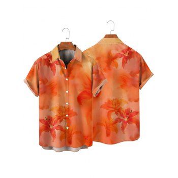 Men's Ombre Hibiscus Floral Print Vacation Shirt Roll Up Short Sleeve Button Up Casual Shirt