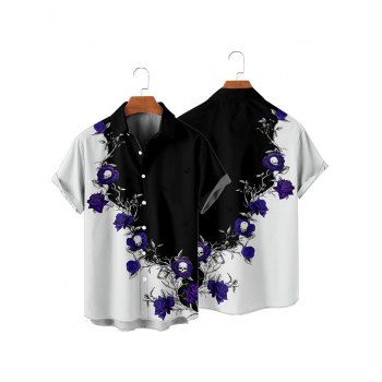 Men's Contrast Color Rose Floral Pattern Gothic Shirt Monochrome Roll Up Short Sleeve Button Up Vacation Shirt