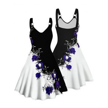Contrast Color Rose Floral Pattern Gothic Dress Monochrome O Ring V Neck Sleeveless Vacation Dress