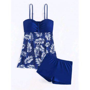 Two Piece Tankini Swimsuit Ruched Bust Spaghetti Strap Leaf Pattern See Thru Swim Top and Boyshorts Beach Swimwear