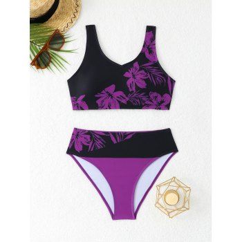 Two Piece Tankini Swimsuit Flower Pattern Padded Swim Top and Colorblock Briefs Beach Swimwear