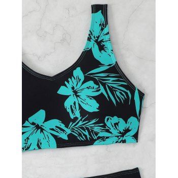 Two Piece Tankini Swimsuit Flower Pattern Padded Swim Top and Colorblock Briefs Beach Swimwear
