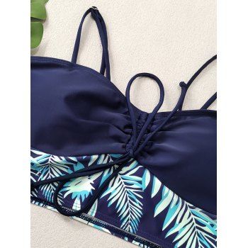 Two Piece Swimsuit Tropical Leaf Print Cinched Ruched Bust Spaghetti Strap Swim Top and Bowknot Boyshorts Beach Swimwear