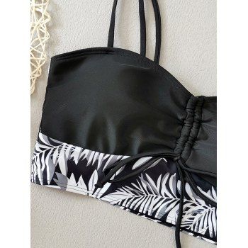 Two Piece Swimsuit Tropical Leaf Print Cinched Ruched Bust Spaghetti Strap Swim Top and Bowknot Boyshorts Beach Swimwear