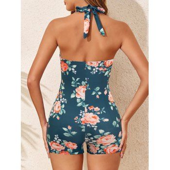 Tropical Floral Leaf Pattern Beach Halter One-piece Swimsuit Tummy Control Ruched Open Back Vacation Swimwear