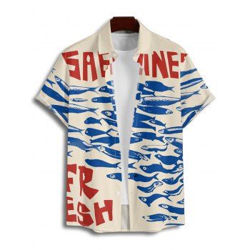 Men's Fish Letter Pattern Vintage Shirt Roll Up Short Sleeve Button Up Vacation Shirt