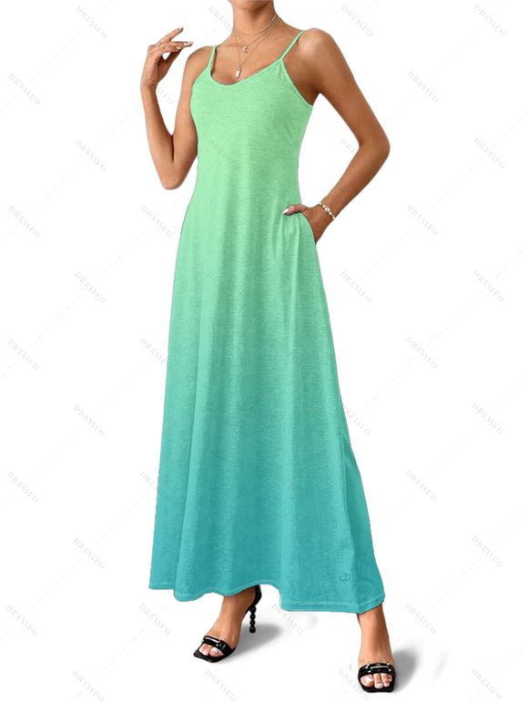 Robe Longue Ligne A Ombrée à Bretelle Fine avec Poche - Vert S | US 4