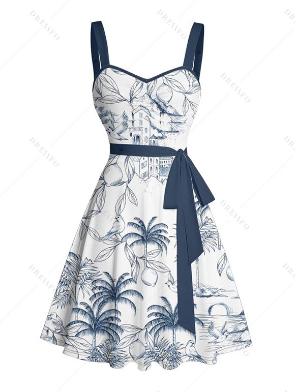 Vacation Couple Outfit Coconut Tree Printed Ruched Bust Sweetheart Neck Belt A Line Mini Dress and Roll Up Sleeve Casual Matching Outfit - Blanc S | US 4