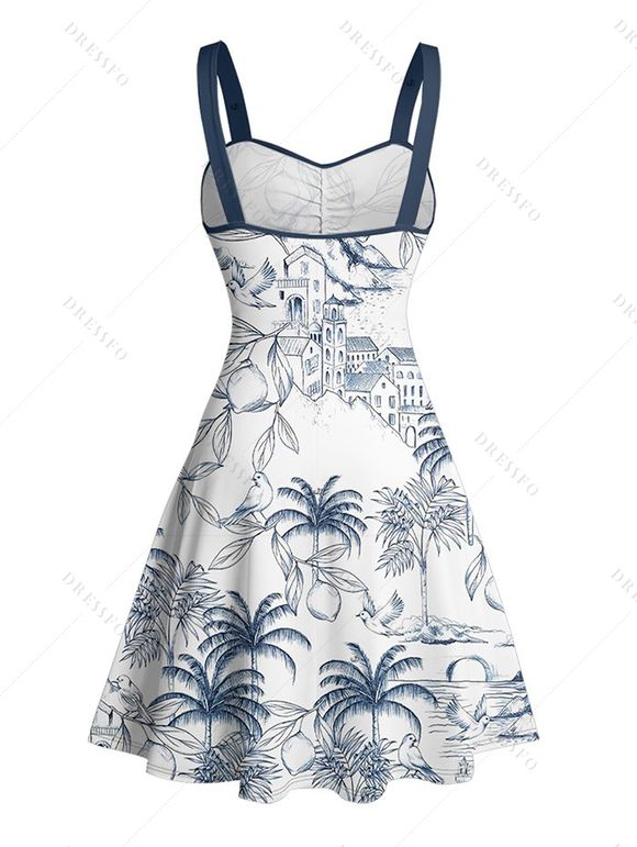 Vacation Couple Outfit Coconut Tree Printed Ruched Bust Sweetheart Neck Belt A Line Mini Dress and Roll Up Sleeve Casual Matching Outfit - Blanc S | US 4