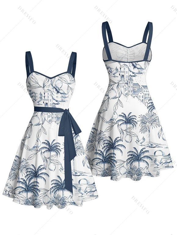 Vacation Couple Outfit Coconut Tree Printed Ruched Bust Sweetheart Neck Belt A Line Mini Dress and Roll Up Sleeve Casual Matching Outfit - Blanc S | US 4